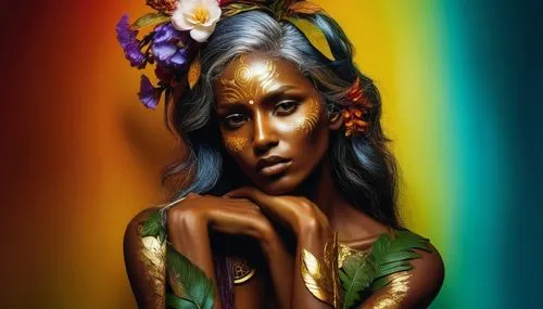 Elegant Fantasy of Shiva,an artistic image of a young woman with a flower in her hair and makeup,oshun,polynesian girl,bodypainting,body painting,baoshun,amerykah,Photography,Artistic Photography,Arti