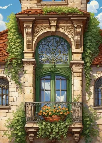 balcony garden,hanging basket,flower shop,balcony,espalier,dandelion hall,country estate,bay window,flower boxes,private house,paris balcony,gardenias,flower box,window,roof landscape,country house,geraniums,hydrangeas,bloomgarden,conservatory,Illustration,American Style,American Style 13