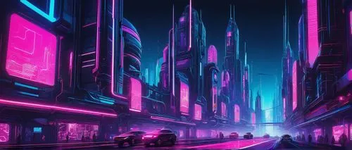 Digital illustration, futuristic sci-fi, glowing neon lights, cyberpunk cityscape, sleek metallic buildings, holographic advertisements, robots walking by, flying cars zipping past, vibrant pink and b