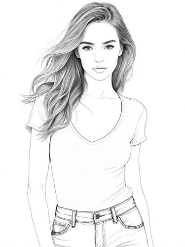 a woman wearing jeans with long hair standing in front of a white background,rotoscoped,fashion vector,girl drawing,lineart,line art,uncolored,Design Sketch,Design Sketch,Detailed Outline