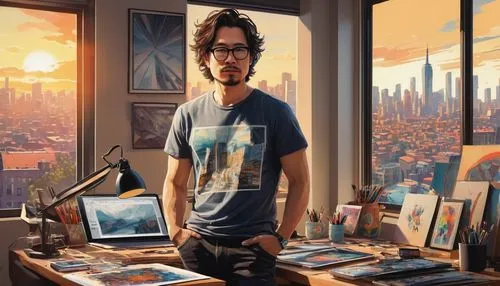 high fidelity,sci fiction illustration,world digital painting,artist portrait,illustrator,high-wire artist,man with a computer,freelancer,city ​​portrait,self-portrait,art dealer,isolated t-shirt,author,digital nomads,painting technique,artist,the living room of a photographer,popular art,freelance,cg artwork,Illustration,Paper based,Paper Based 07