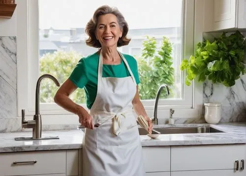 Modern kitchen interior, mature lady, standing, smiling, wavy brown hair, minimal makeup, white apron, holding wooden spoon, bright warm lighting, marble countertops, sleek cabinets, stainless steel a