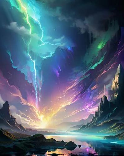 fantasy landscape,aurora borealis,unicorn background,beautiful wallpaper,rainbow background,auroral,Conceptual Art,Fantasy,Fantasy 02