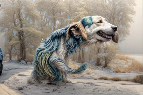 bearded collie,afghan hound,longhaired whippet,borzoi,canidae,blue merle,blue picardy spaniel,anthropomorphized animals,native american indian dog,skye terrier,english setter,oriental longhair,whimsical animals,saluki,gypsy horse,rough collie,indian dog,dog illustration,long hair chihuahua,pyrenean mastiff