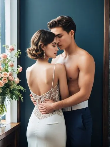 Create an elegant couple in love that will show off your best work.,man and woman dressed in white posing for a po,vintage man and woman,wedding couple,wedding photo,bridewealth,dancing couple,silver 