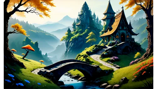 fantasy landscape,rivendell,cartoon video game background,cartoon forest,fairy village,elves country,gondolin,mushroom landscape,moss landscape,hinterlands,fantasy world,fairy world,fairyland,travel poster,world digital painting,nargothrond,fantasy picture,mountainous landscape,mountain world,mountain scene,Illustration,Realistic Fantasy,Realistic Fantasy 23