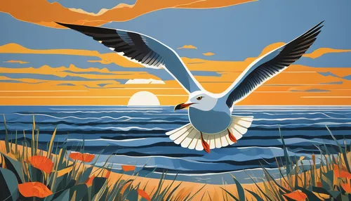 Write a poetic passage about the seagull's flight over a shimmering ocean at sunset.,sea gull,sea-gull,crested terns,seagull,gulls,pacific gull,kelp gull,seabird,sea gulls,tern bird,sea swallow,flying