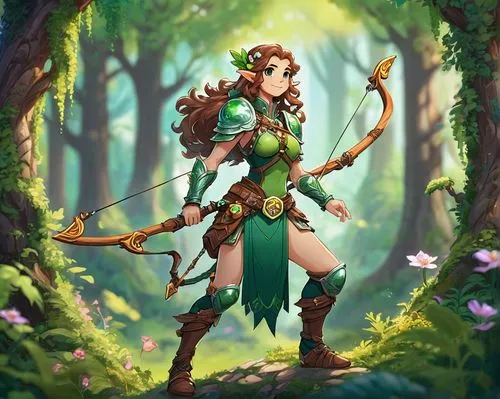 Wood Elf, female, slender build, agile, pointed ears, emerald green eyes, long curly brown hair, braided with flowers and vines, intricate wooden necklace, leather armor, quiver on back, holding a lon