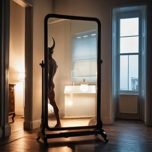 floor lamp,woman silhouette,bedchamber,chambre,magic mirror,foscarini