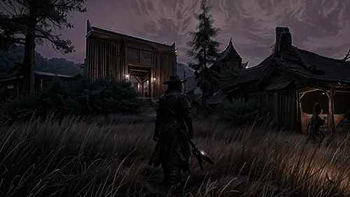 a dark - skinned man standing in front of an old cabin,primorje,house silhouette,pathologic,orona,promontorium,promised