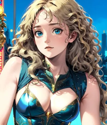 curly hair olivia hussey, sleeveless, blond, red lips, blue eyes, bare skin arms and shoulders, neon night club background,a lady with blonde hair and big  wearing a costume,michiru,diana,ann,terra,ni