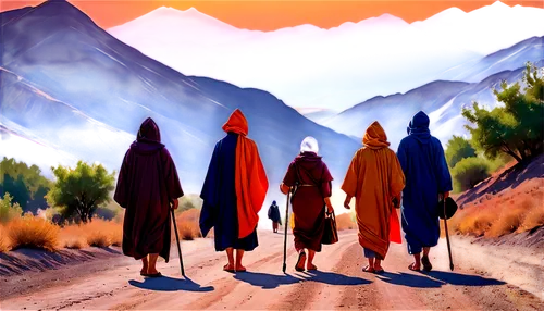 travelers,joujouka,journey,mysterians,monks,guards of the canyon,demoiselles,pilgrims,reapers,burkas,orange robes,travellers,tribes,explorers,ozric,jajouka,gallifrey,seven citizens of the country,quiver,traffic cones,Conceptual Art,Oil color,Oil Color 25