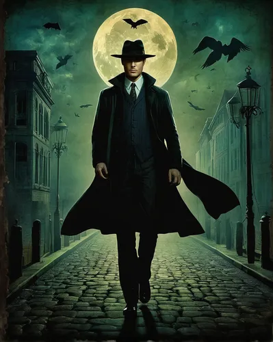 Supernatural detective: A gifted investigator with psychic powers solves baffling crimes committed by supernatural creatures lurking in the shadows.,bram stoker,bowler hat,overcoat,holmes,frock coat,l