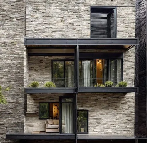 MAKE ALL WINDOW FRAME BLACK ALLUMINIUM AND ADD PLANTERS IN BALCONY  AND ADD TREES AROUND AND SKY ON TOP AND ADD MODERN WALL LIGHTS AND NIGHT TIME SCENE ALSO ADD A HUT SHAPE STRUCTURE

,kundig,crittall