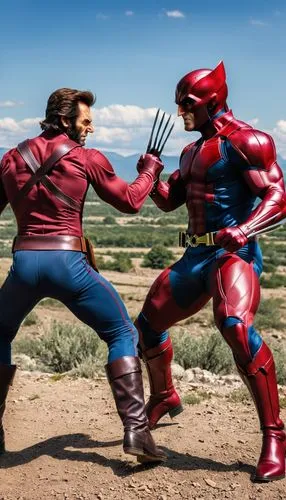 wolverine and magneto in gun fighting ,a man standing next to another man in the desert,civil war,megafight,refight,refighting,superfight,infighting,combatants,outmatched,supers,avenging,duelling,supe