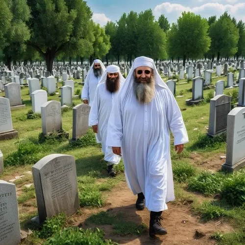 A Jewish cemetery, the dead come out of the graves dressed in white shrouds with long beards and a smile on their lips,krekar,srebrenica,archimandrite,balkhi,korpiklaani,pallbearers,naqshbandi,funerar