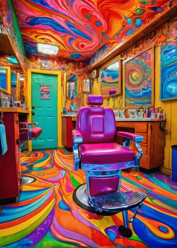 ufo interior,barber shop,psychedelic art,barber chair,kids room,barbershop,children's room,retro diner,the little girl's room,trip computer,60s,lsd,children's interior,psychedelic,doctor's room,soda shop,great room,holiday motel,car hop,car salon,Conceptual Art,Oil color,Oil Color 23