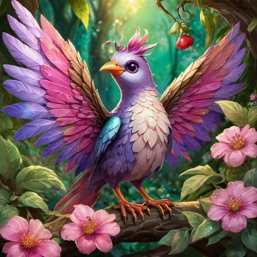 flower and bird illustration,nature bird,pombo,the hummingbird hawk-purple,beautiful bird,fairy peacock,Conceptual Art,Fantasy,Fantasy 26