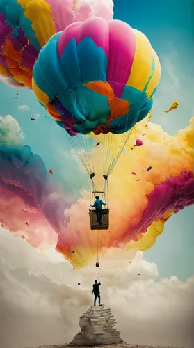 Man carried by air balloon following a man walking below, colorful,hot-air-balloon-valley-sky,colorful balloons,hot air balloons,parachuting,balloon trip,hot air balloon,paragliders-paraglider,paragli