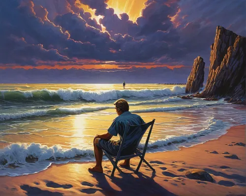 man at the sea,fisherman,beach landscape,surf fishing,fantasy picture,sea landscape,god of the sea,seascape,el mar,fishermen,oil painting on canvas,coastal landscape,beach chair,fantasy art,art painting,oil painting,the endless sea,landscape with sea,beach scenery,rock fishing,Illustration,Retro,Retro 14