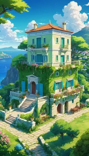 ghibli,butka,studio ghibli,zagaria,portofino,idyllic,yazaki,machico,meteora,kanto,home landscape,ouranoupoli,tuscan,casabella,tramuntana,dreamhouse,peninsula,anacapri,hoenn,villa,Illustration,Japanese style,Japanese Style 03