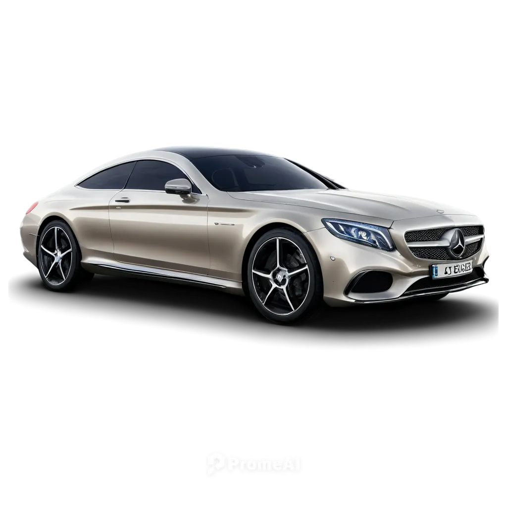 Silver Benz car, sleek design, luxury vehicle, shiny metallic paint, black wheels, sporty spoiler, LED headlights, luxurious interior, beige leather seats, wooden trim, steering wheel with logo, drive