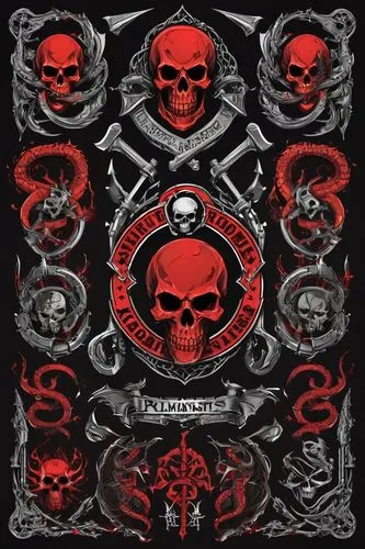 Metal band logo, aggressive, bold, black and red color scheme, intricate details, skulls, crossbones, snakes, demons, flames, sharp edges, abstract shapes, ornate typography, 3D embossed effect, heavy