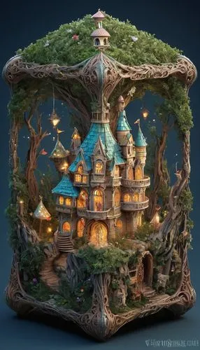 fairy house,3d fantasy,treehouses,tree house,fairy village,fairy tale castle,Illustration,Realistic Fantasy,Realistic Fantasy 02