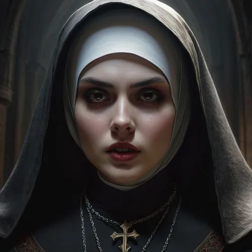 the nun,gothic portrait,nun,the prophet mary,seven sorrows,priest,gothic woman,vampire woman,priestess,portrait of christi,benedictine,mary 1,nuns,nuncio,the magdalene,archimandrite,carmelite order,jaya,vampire lady,fantasy portrait,Conceptual Art,Fantasy,Fantasy 13