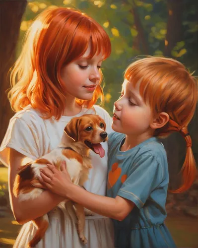 ginger family,redheads,little boy and girl,children,girl with dog,playing puppies,tenderness,children girls,puppy pet,child portrait,playing dogs,oil painting on canvas,oil painting,children's background,childs,boy and dog,little girls,little angels,vintage children,vintage boy and girl,Conceptual Art,Daily,Daily 12