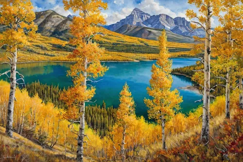 aspen,fall landscape,colorado,autumn landscape,teton,american aspen,autumn mountains,painting technique,denali,salt meadow landscape,oil painting,oil on canvas,phoenix lake,vail,mountain landscape,mountain scene,oil painting on canvas,larch trees,swiftcurrent lake,fall foliage,Illustration,Paper based,Paper Based 24