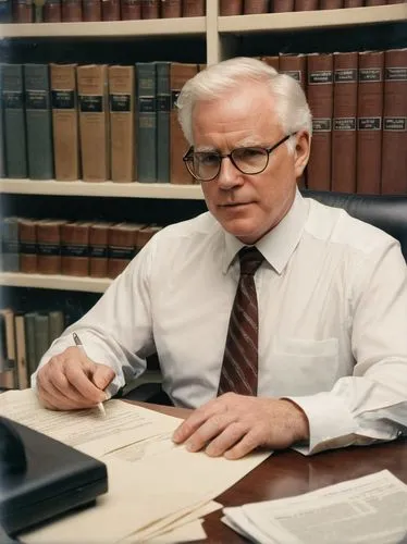 John Hennessy, mature man, glasses, white hair, formal wear, suit, tie, white shirt, sitting, desk, computer, keyboard, mouse, papers, books, shelves, office, Stanford University, warm lighting, soft 