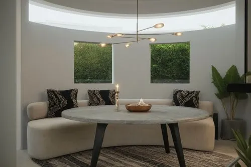 INTERIOR VIEW A LOT OF DEFINITION AND CONTEMPORARY DESIGN IN FURNITURE, KEEP VOLUMES AND SHAPES NIGHT PHOTOGRAPHY,a round table with two candles in a living room,semi circle arch,contemporary decor,mo