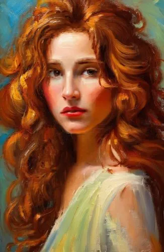 棕色卷发,a painting of a beautiful red haired girl,merida,diwata,portrait of a girl,girl portrait,mystical portrait of a girl,young girl,Conceptual Art,Oil color,Oil Color 22