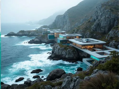 Wave-crashing coastline, rugged rock formations, salty sea air, modern high-tech architecture, sleek metallic facades, angular lines, LED lighting strips, solar panels, wind turbines, ocean-inspired c