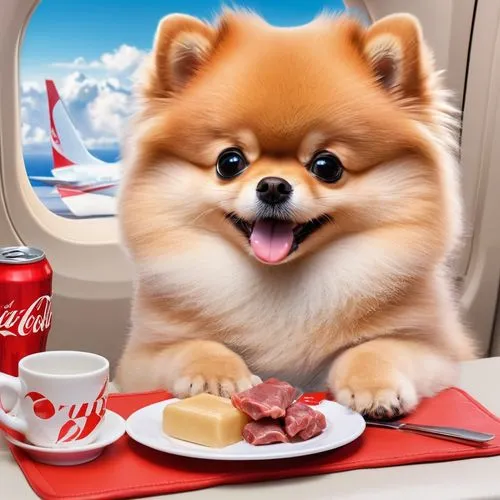 flying food,airplane passenger,pomeranian,swedish lapphund,finnish lapphund,business jet,air new zealand,cheerful dog,norwegian buhund,airline,air travel,airline travel,small animal food,corporate jet,dog food,norwegian lundehund,pekingese,german spitz,polish airline,dog puppy while it is eating,Illustration,Japanese style,Japanese Style 01