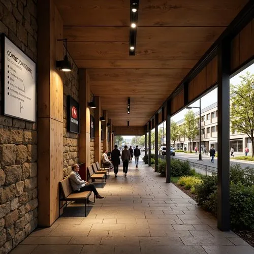 Earthy tone mud bus station, rough textured walls, natural stone flooring, rustic metal accents, organic curves, industrial chic lighting, warm ambient glow, shallow depth of field, 1/1 composition, r