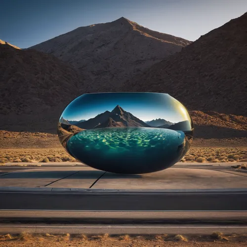 glass sphere,crystal ball-photography,automotive side-view mirror,automotive mirror,crystal ball,futuristic landscape,glass ball,rear-view mirror,mojave desert,mojave,exterior mirror,big marbles,car mirror,desert landscape,glass container,glass vase,rearview mirror,virtual landscape,desert desert landscape,environmental art,Photography,Documentary Photography,Documentary Photography 17