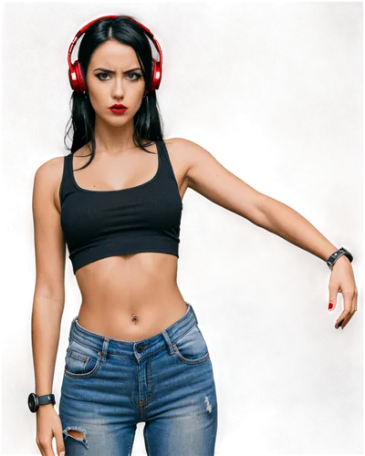 Sexy woman, headphones, black hair, bold eyeliner, red lips, tank top, high-waisted jeans, belly button ring, navel piercing, hip sway, hand on hip, confident posture, dim lighting, warm color tone, s