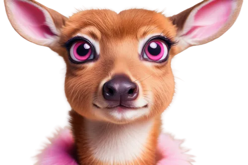 Cartoon deer, cute expression, big shiny eyes, sparkles in eyes, long eyelashes, white sclera, bright brown iris, pink nose, fluffy fur, innocent face, frontal view, centered composition, soft focus, 