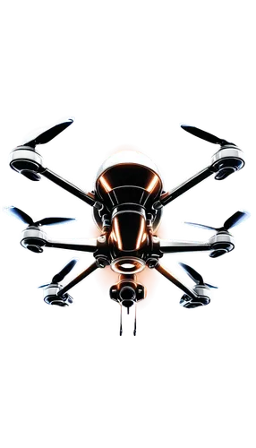 Drone, modern design, metallic body, silver and black colors, four propellers, LED lights, camera mounted, 3/4 composition, low-angle shot, dramatic lighting, cinematic mood, shallow depth of field, f