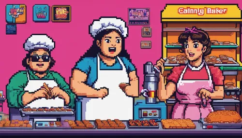 bakery,pastry shop,cake shop,pan dulce,butcher shop,shopkeeper,kitchen shop,pâtisserie,pixel art,cooking show,bakery products,malasada,retro diner,ice cream shop,deli,candy bar,star kitchen,pan de muerto,chefs,donut illustration,Unique,Pixel,Pixel 04