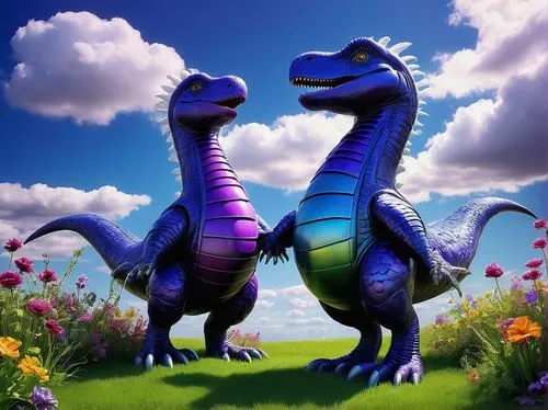 Big, colorful bird, standing, Barney, purple dinosaur, friendship, holding hands, sunny day, bright blue sky, fluffy white clouds, green grass, flowers blooming, warm lighting, gentle composition, chi