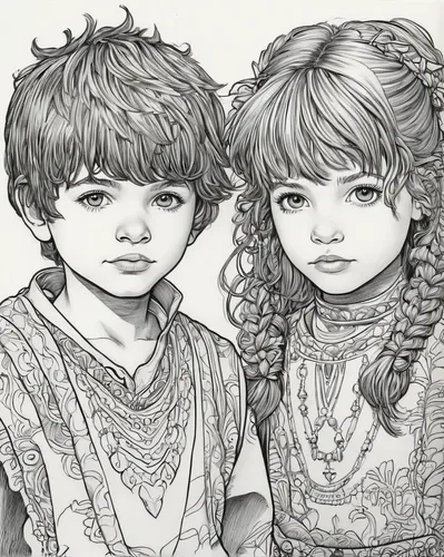 two kids，by Arthur Adams,little boy and girl,line art children,vintage boy and girl,boy and girl,kids illustration,nomadic children,girl and boy outdoor,coloring pages kids,prince and princess,child p