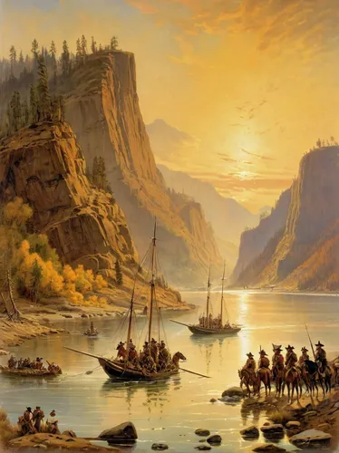 The Corps of Discovery meet Chinooks on the Lower Columbia, October 1805. Painted by Charles Marion Russell,canoes,robert duncanson,west canada,navajo bay,boat landscape,coastal landscape,river landsc