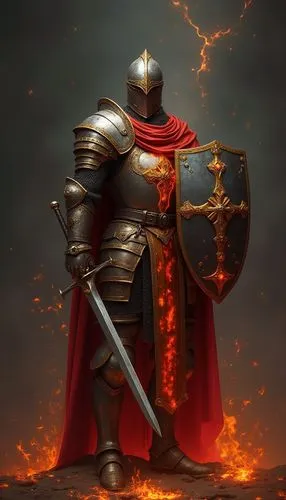 UNA ESPADA DE FUEGO, CON INCRUSTASIONES DE DIAMANTES,the knight has a sword and red cape on,garrison,defend,paladin,crusade,crusader,ornstein