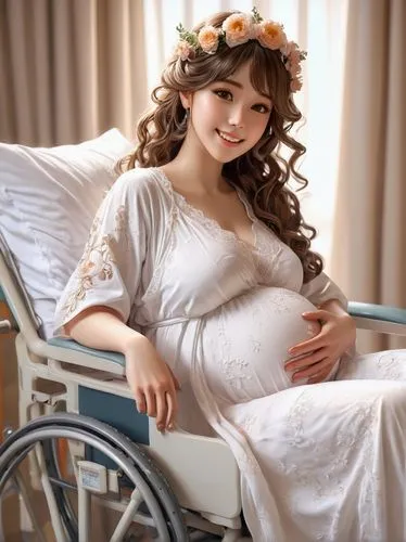 Pregnant anime lady, beautiful detailed belly, glowing complexion, gentle smile, bright brown eyes, curly brown hair, white hospital gown, open back, swollen legs, IV drips, wheelchair, hospital room,