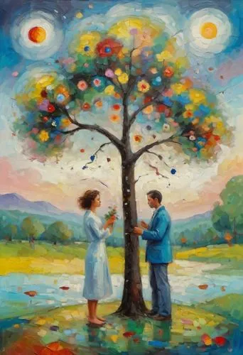 romantic scene,khokhloma painting,oil painting on canvas,young couple,art painting,oil painting,elderly couple,carpani,two people,matrimonio,courtship,painted tree,colorful tree of life,oil on canvas,bishvat,mostovoy,loving couple sunrise,dancing couple,wooing,adam and eve