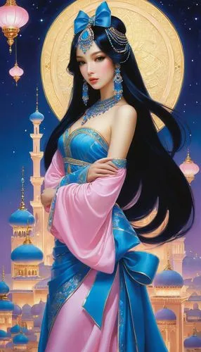 oriental princess,jasmine,rem in arabian nights,jasmine blossom,oriental girl,jasmine flower,Illustration,Realistic Fantasy,Realistic Fantasy 08