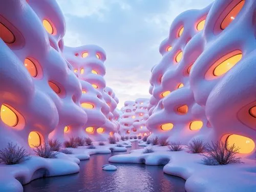 futuristic landscape,mushroom landscape,snowhotel,3d render,igloos,fractal environment,ice landscape,alien world,3d fantasy,futuristic art museum,ice castle,fantasy city,ice cave,cinema 4d,fractal lights,snow roof,render,infinite snow,ice planet,labyrinths